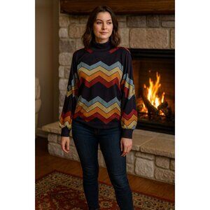 LouKeith Retro Top M Black Orange Blue Chevron Long Sleeve Boho Indie Aesthetic